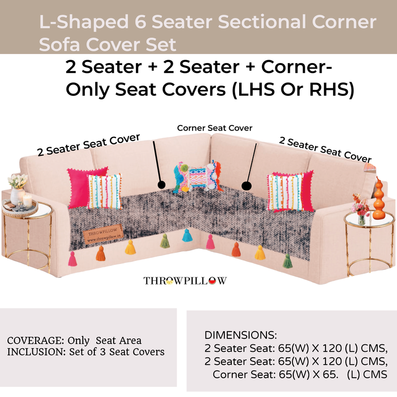 Thumbnail: L-Shaped Corner Sofa Cover, Solid Dark Grey Sofa Cover With Multicolor Tassel