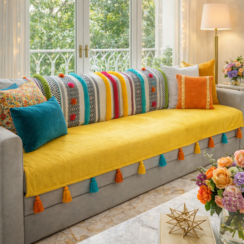 Sīktēls: 3 Seater Sofa Cover With Tassels: Light Yellow Bohemian Embroidered Back Cover