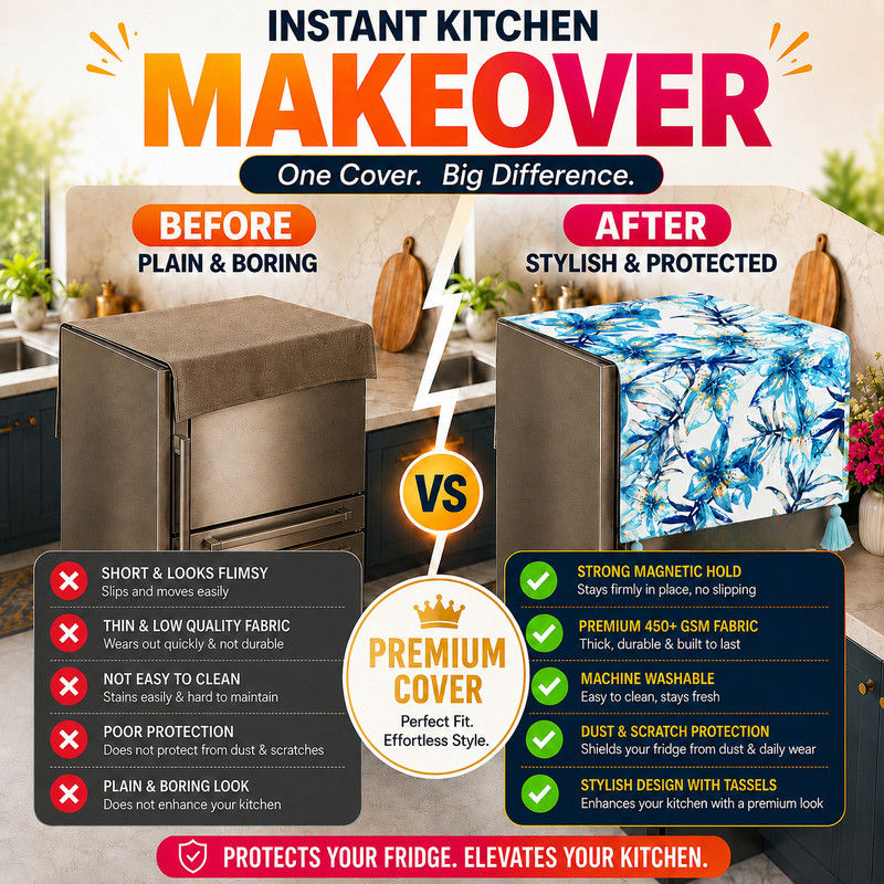 Thumbnail: Fridge Cover Single 100-250L|Corner Tassels & Pockets|Blue Leaves Cover