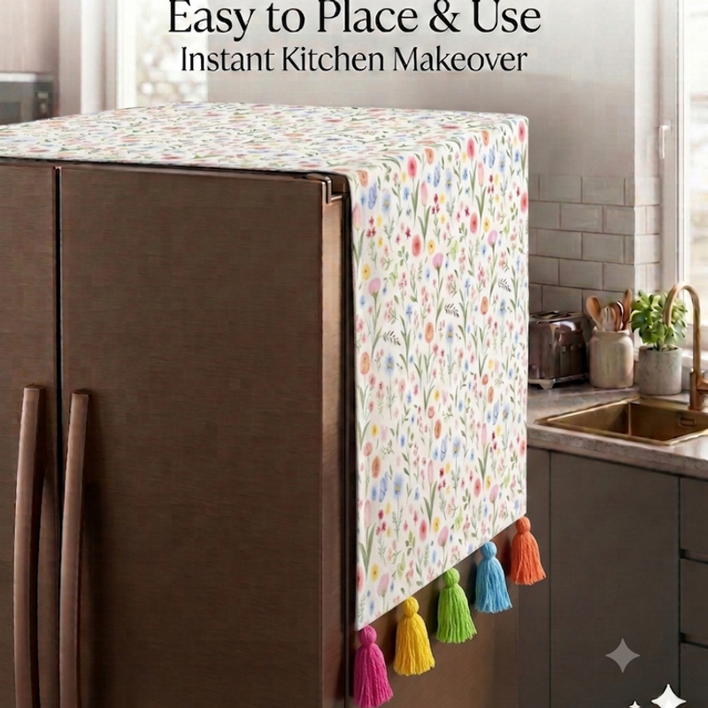 Миниатюра: Fridge Cover Side By Side 400+ L|Decorative Tassels|Floral Refrigerator Cover