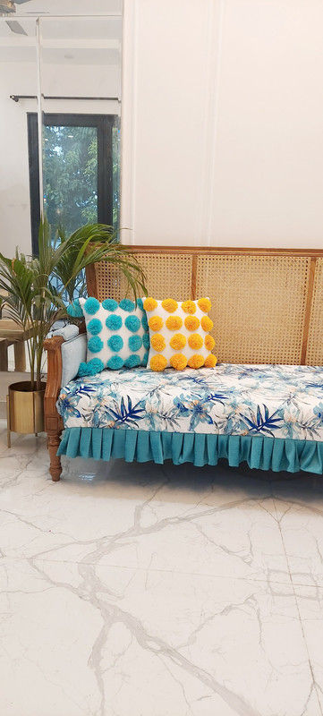 Thumbnail: Boho Teal Pom-Pom Cozy Decorative Square Cushion Cover with Filler 22x22 Inches