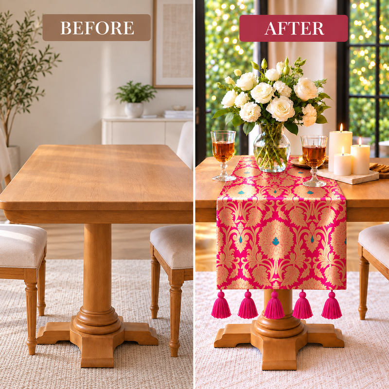 Rose Pink Brocade Tassel Table Runner 13x72" | Dining & Center Table D�cor