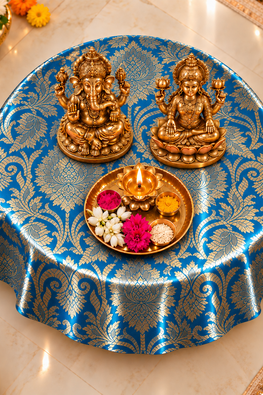 Teal Blue Silk Brocade Pooja Asan Cover 16 Inches |Round Table