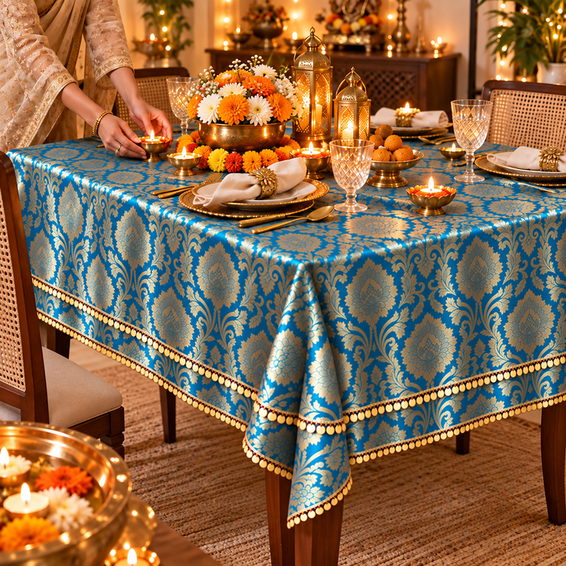 Teal Blue Brocade Side Table Cover|Table Cloth Living Room Decor
