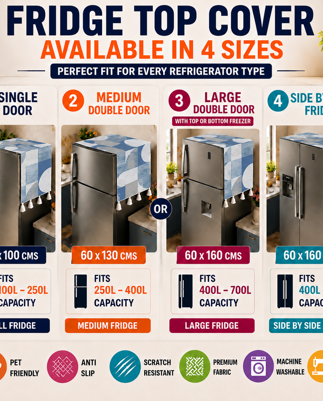 Fridge Cover Triple Door 100-250 L|Tassels & Pocket|Blue Geometric Cover