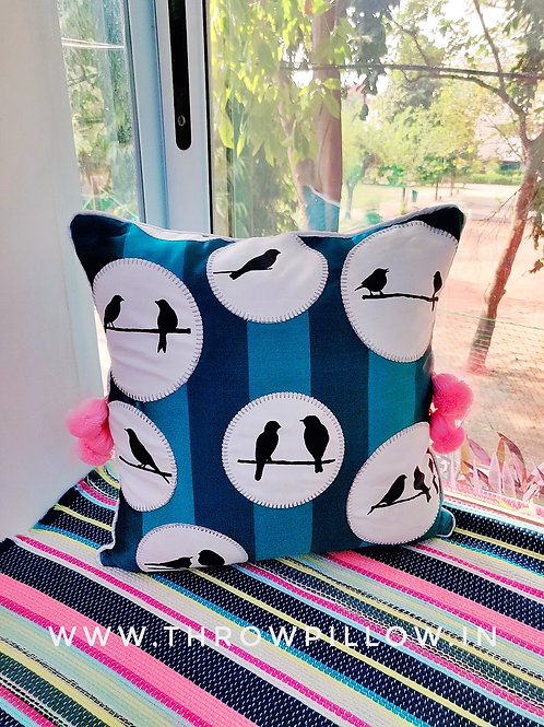 Applique Birds Cushion with little pom poms