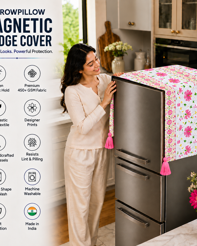 Fridge Cover Double Door 250-400L|Crnr Tassel& Pocket|Pink Blossom Cover