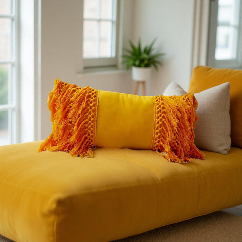 थंबनेल: Mustard Yellow Boho Fringed Woven Rectangular Cushion Cover for Sofa Rectangular