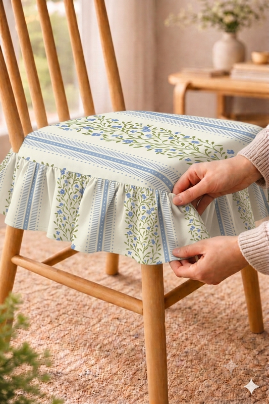 Thumbnail: Blue Blossam Frill Dining Chair Seat Cover|18"x18" SEAT TOP|FRILL CHAIR COVER