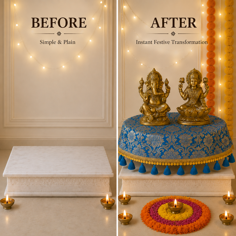 Miniature : Blue Brocade Silk Chowki Cover Gold Fringe,Tassels