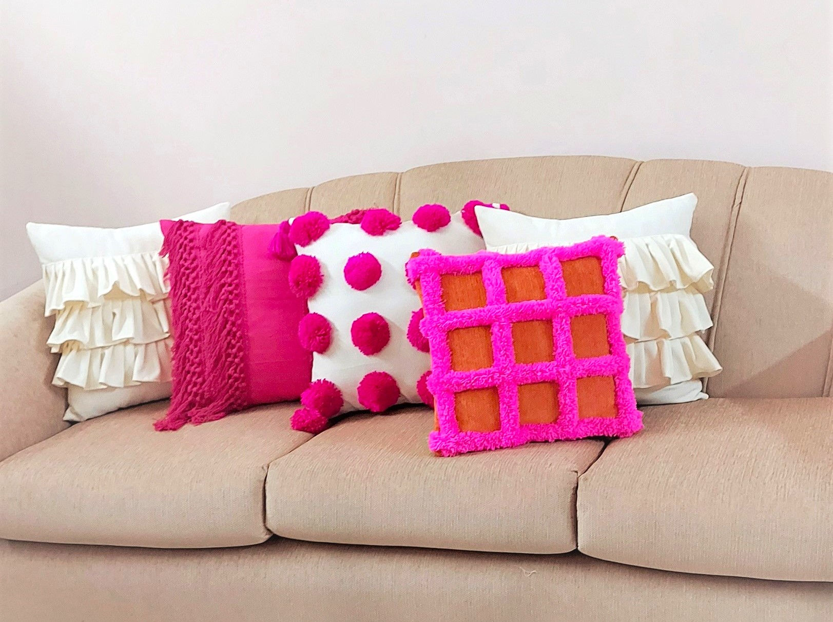 Hot Pink Big Pom Pom Cushion Cover