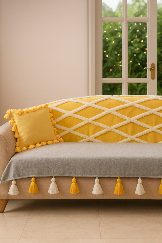 Miniatura: Grey Diamond 2 Seater Sofa Cover With Tassels|Boho Sofa Throw For Love Seat