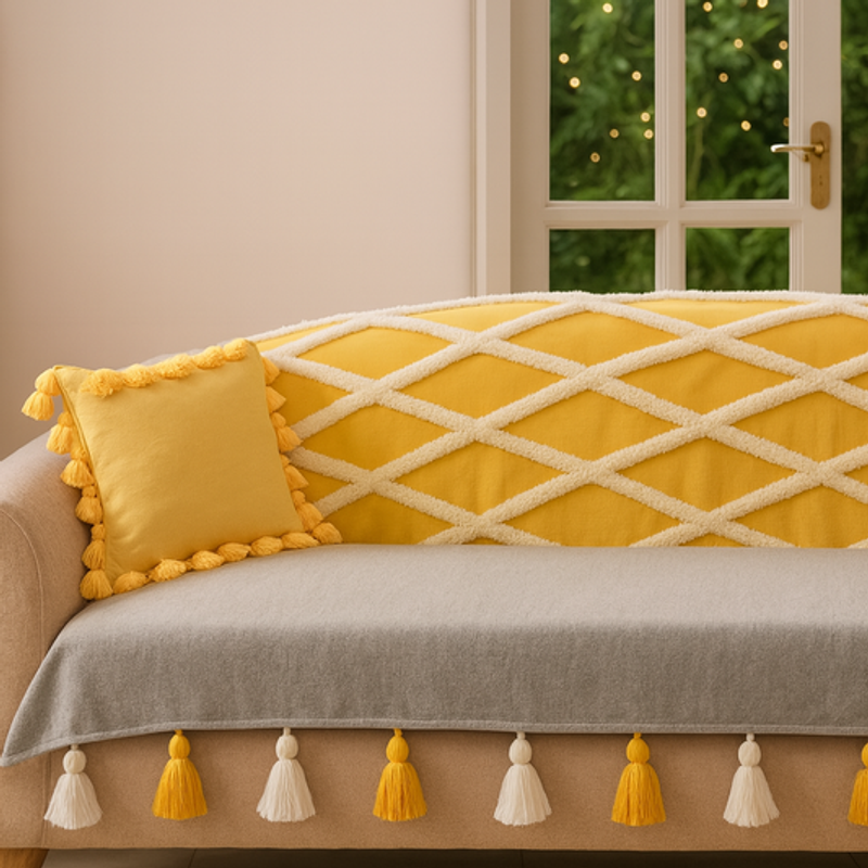 縮圖：Grey Boho 4 Seater Sofa Cover With Tassel|AntiSlip Slipcover for Living Room