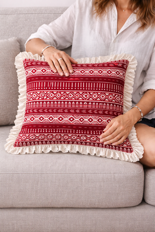 Thumbnail: Red Cotton Tribal Sofa D�cor  Square Sofa Cushion Cover 14x14 Inches