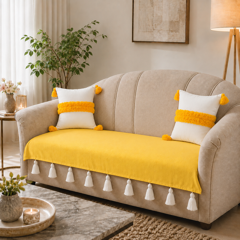 Thumbnail: Yellow 3+3+1 Seater Sofa Cover With Tassels|7 Seater Sofa Cover Set|Seat Cover