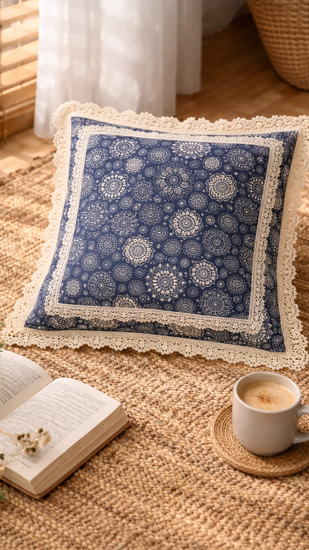 Miniature : Blue Mandala Print With Lace Large Square Bed Pillows Cover 24x24 Inches