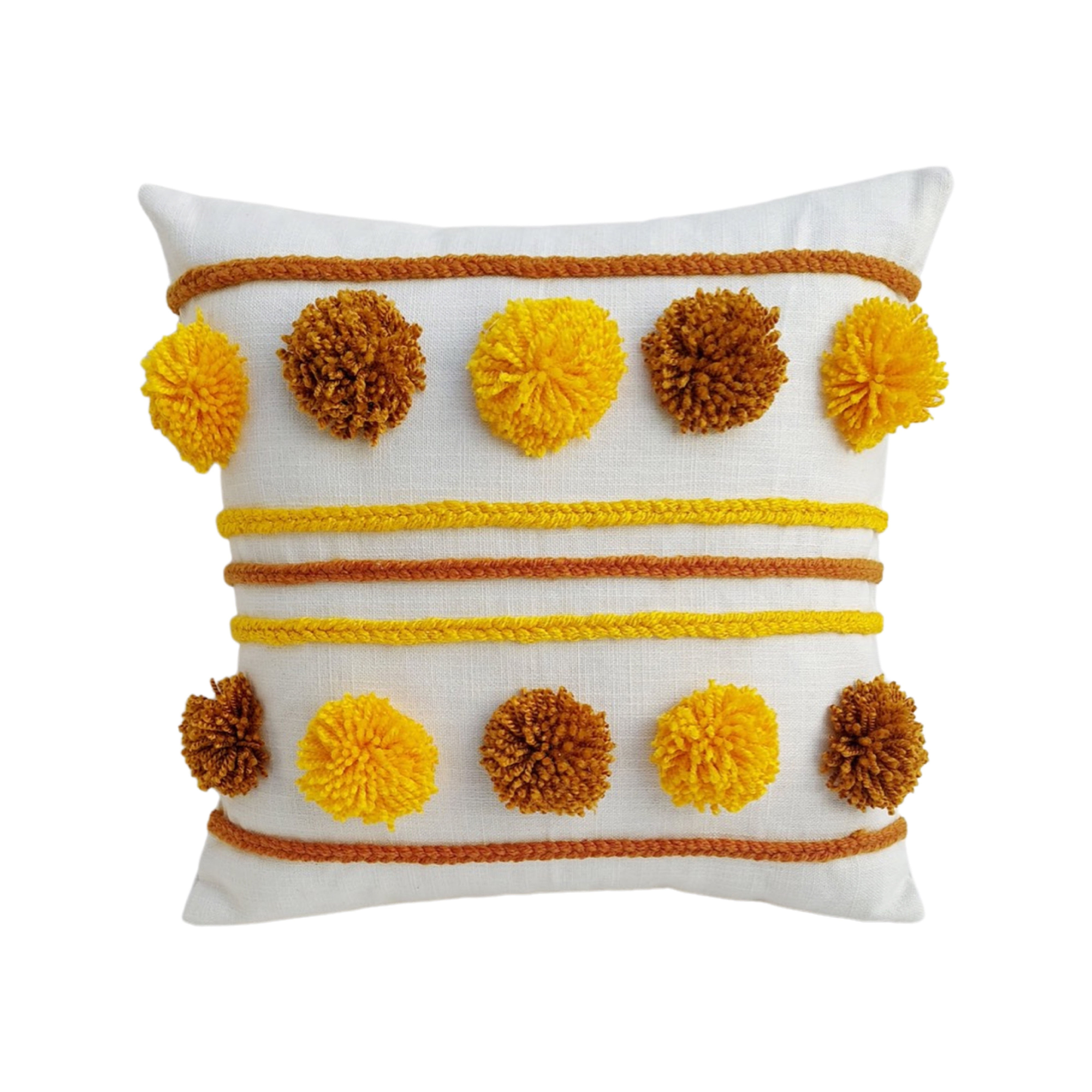 Mustard Yellow and Brown Braided Pom-Pom Cushion Cover