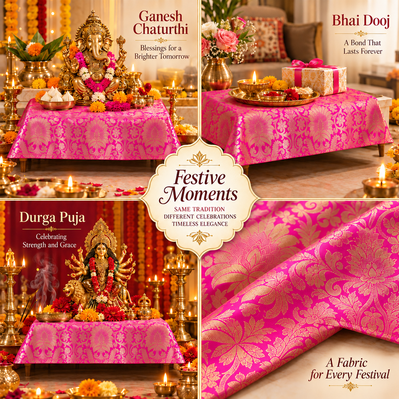 Red Silk Brocade Pooja Asan Cover 40X30 Inches |Rectangle Table(L)