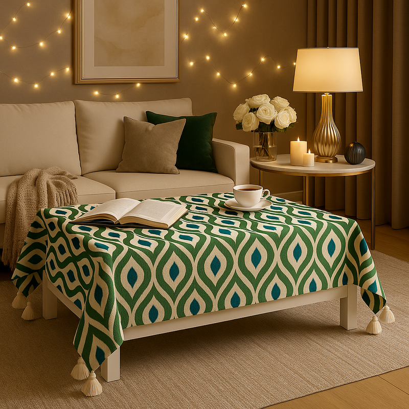 Thumbnail: Azure Ikat Printed Boho Dining Table Cover|Table Cloth Living Room Decor