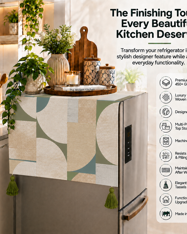 Miniatyrbild: Fridge Top Cover Triple Door 100-250 L|Corner Tassels|Green Geometic  Cover