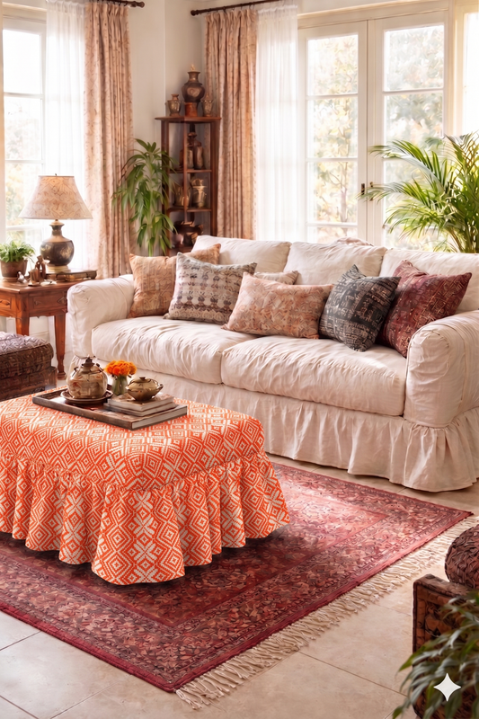 Miniatura: Orange Aztec Skirted Pouffe Cover Square Puffe Frill Cover-14"X14" Pouffe Seat