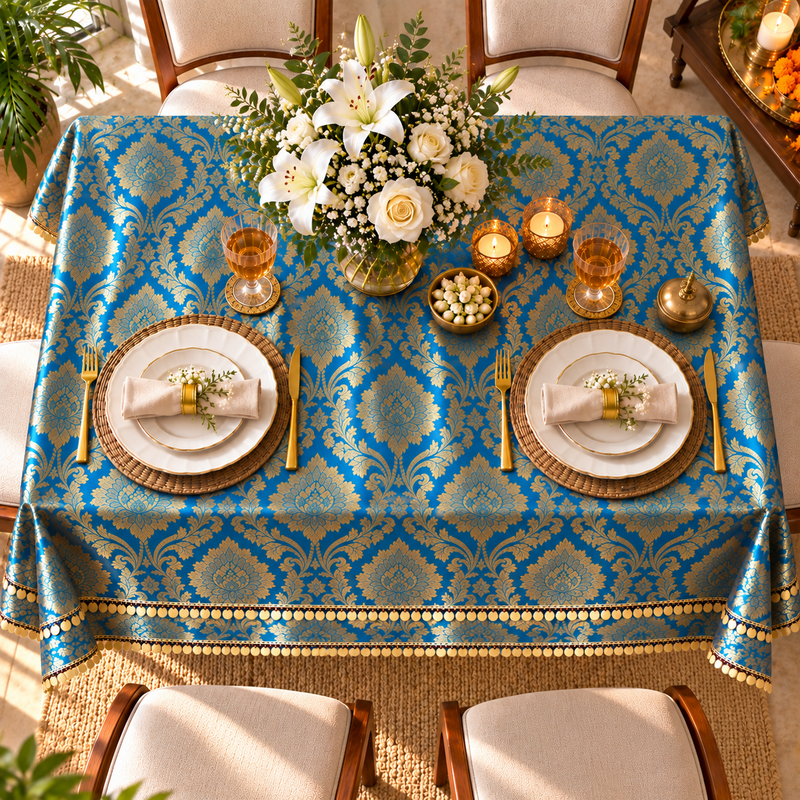 Teal Blue Brocade Side Table Cover|Table Cloth Living Room Decor