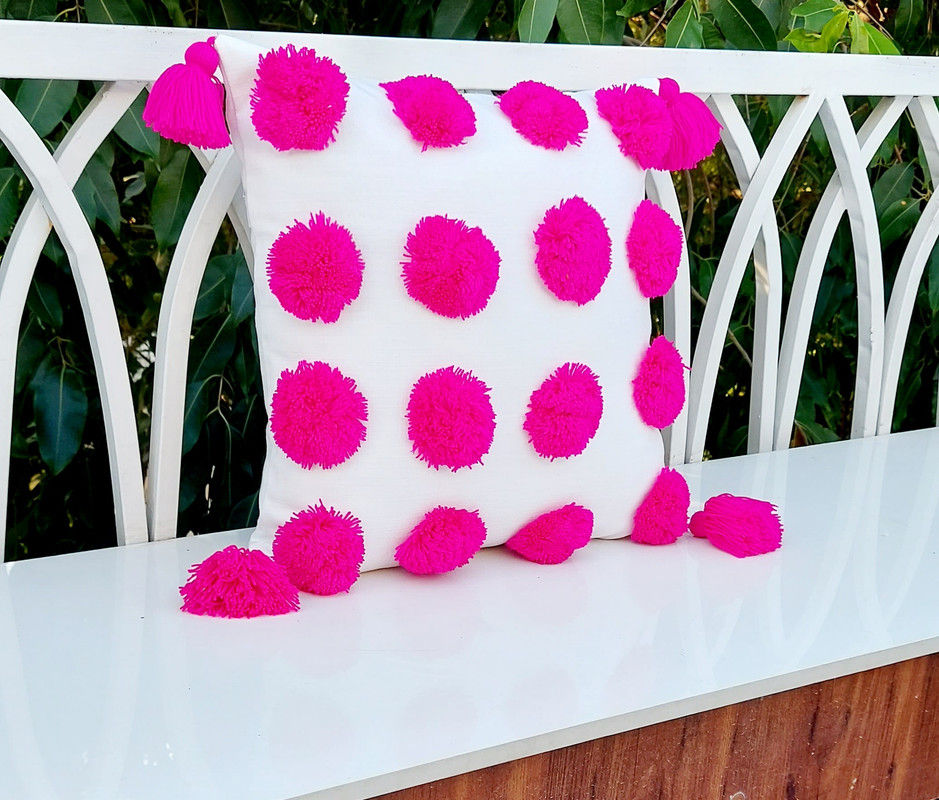 Miniature : Pink Handmade Pom-Poms & Tassels, Boho Decor Square Cushion Cover 12x12 Inches