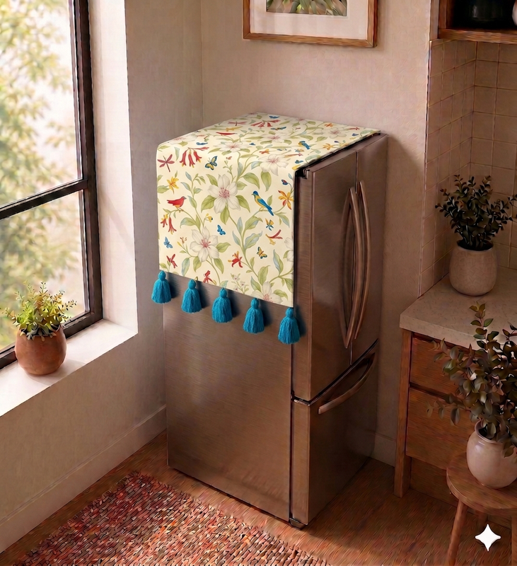 Thumbnail: Fridge Top Cover French Door 400+ L Door|Tassels|Floral  Refrigerator Cover