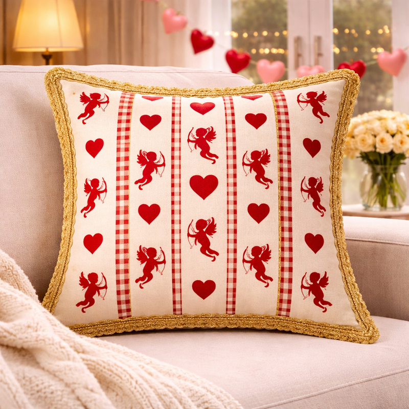ภาพขนาดย่อ: Valentine Cupid Red Heart Gold Lace Trim Romantic Cushion Cover 16x16 Inches