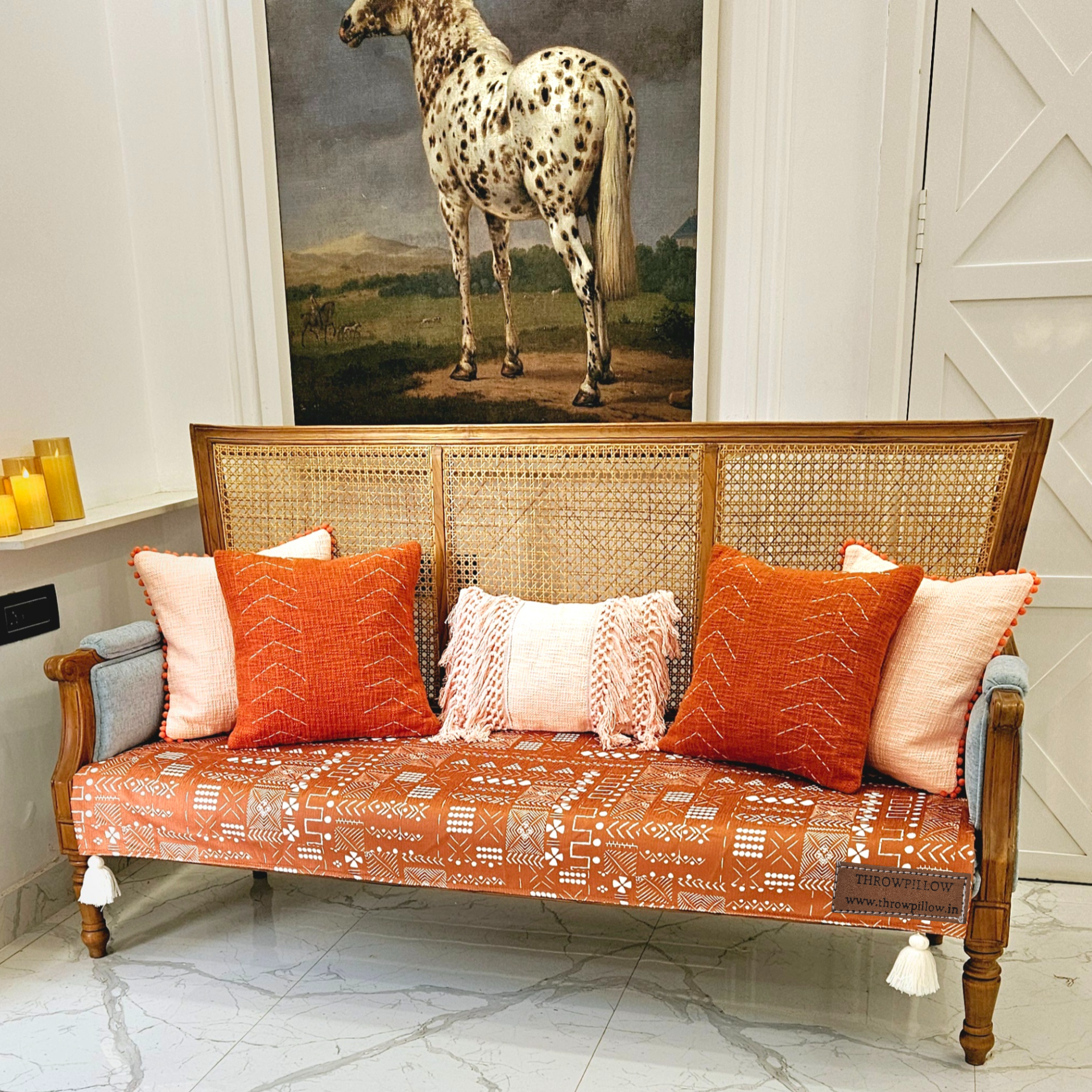 Terracotta off-white tribal pattern sofa cover