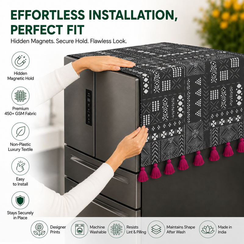 Thumbnail: Fridge Cover Double Door 250-400 L|Decorative Tassels|Black Tribal  Cover