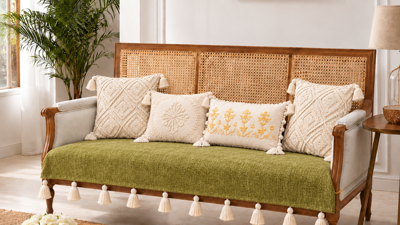 Olive Green 3 Seater+2 Seater+Corner L Shape Sofa Cover With Tassels|Seat Cover