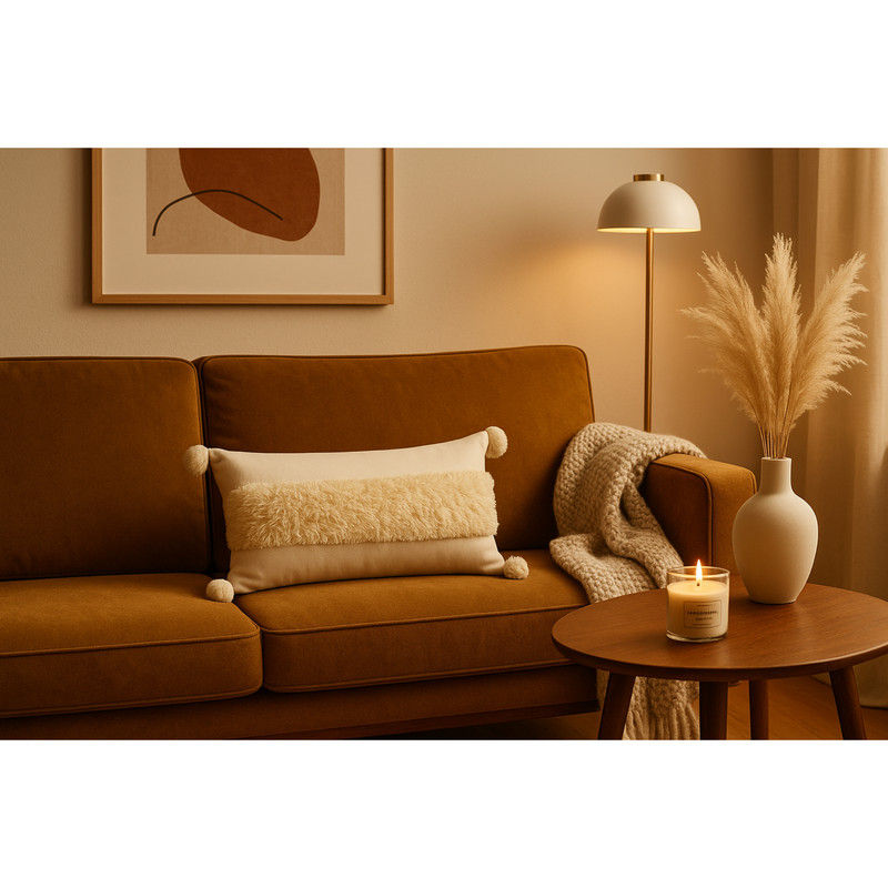 Miniatiūra: Boho Ivory White Plush Accent Rectangular Cushion Cover with Filler 12x18 Inches
