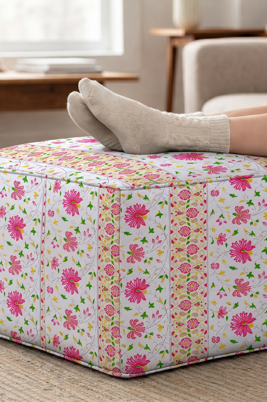 الصورة المصغرة: Pink Blossam Full Coverage Pouff Cover Square Full Cover-14"X14" Pouffe Seat