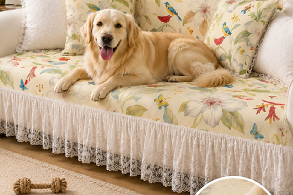 थंबनेल: LShape Sofa Cover With Lace Frill |Bird Floral| 2 Seater + Lounger + Ottoman