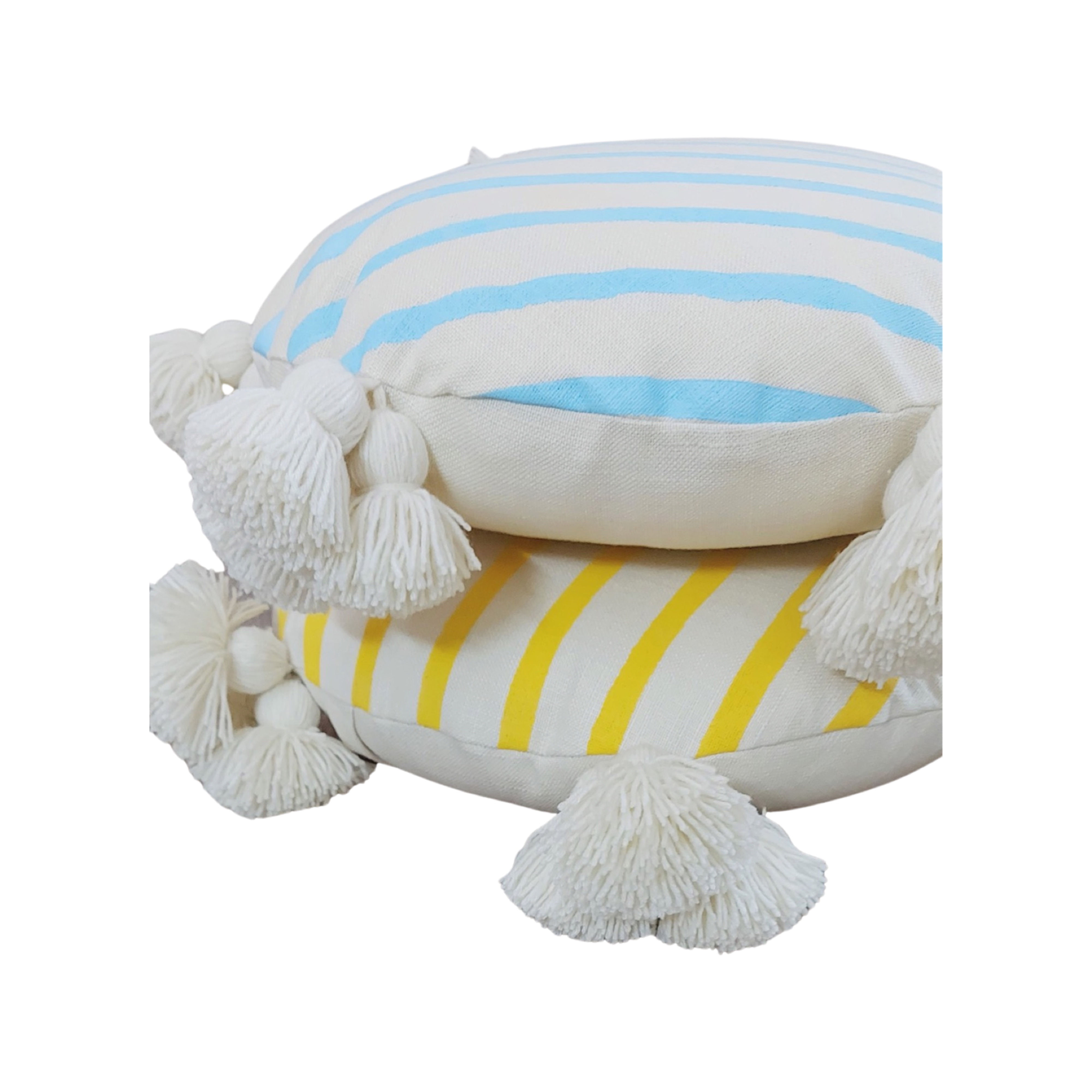 Round cushion cover with white tassels and blue stripes