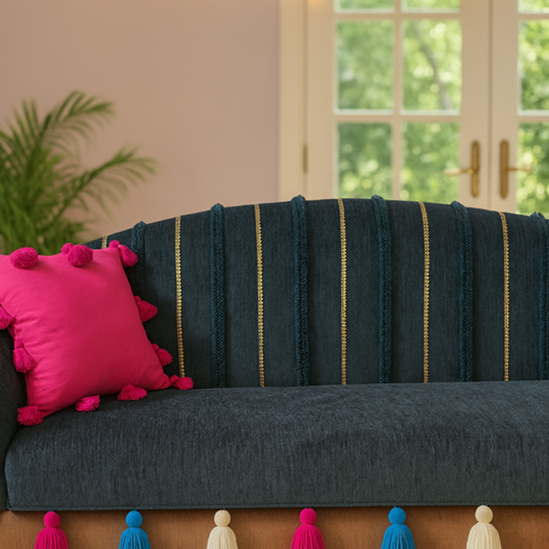 Thumbnail: 2 Seater Sofa Cover With Tassels: Dark Grey Moroccan Embroidered Back Cover