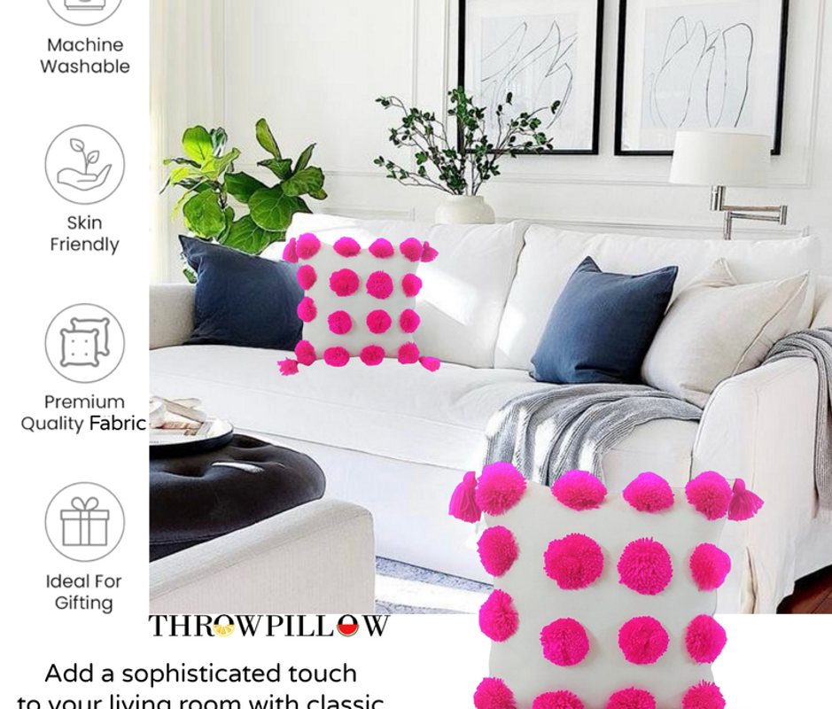 Thumbnail: Pink Handmade Pom-Poms & Tassels, Boho Decor Square Cushion Cover 16x16 Inches