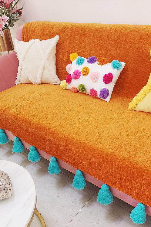 Burnt Orange Sofa Cover with Blue Tassels