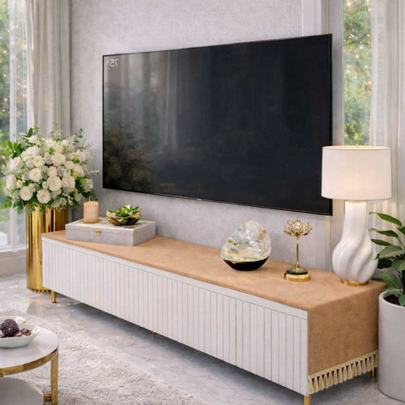 Thumbnail: Tan Designer TV Unit TV Cabinet Fringe Table Runner