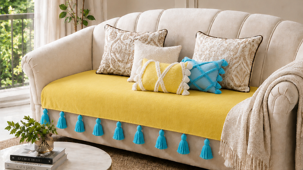 LShape 6 Seater Sofa Cover WithTasselLight Yellow 3 Seater + 2 Seater + 1 Corner