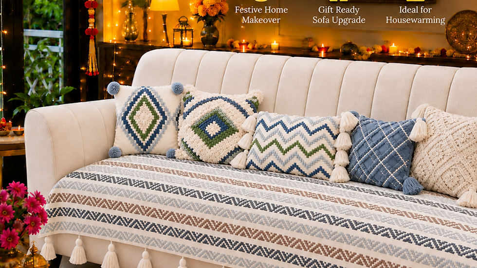 Miniaturbild: Lshape Sofa Cover With Tassel Neutral Chevron 2 Seater + 2 Seater + 1 Corner