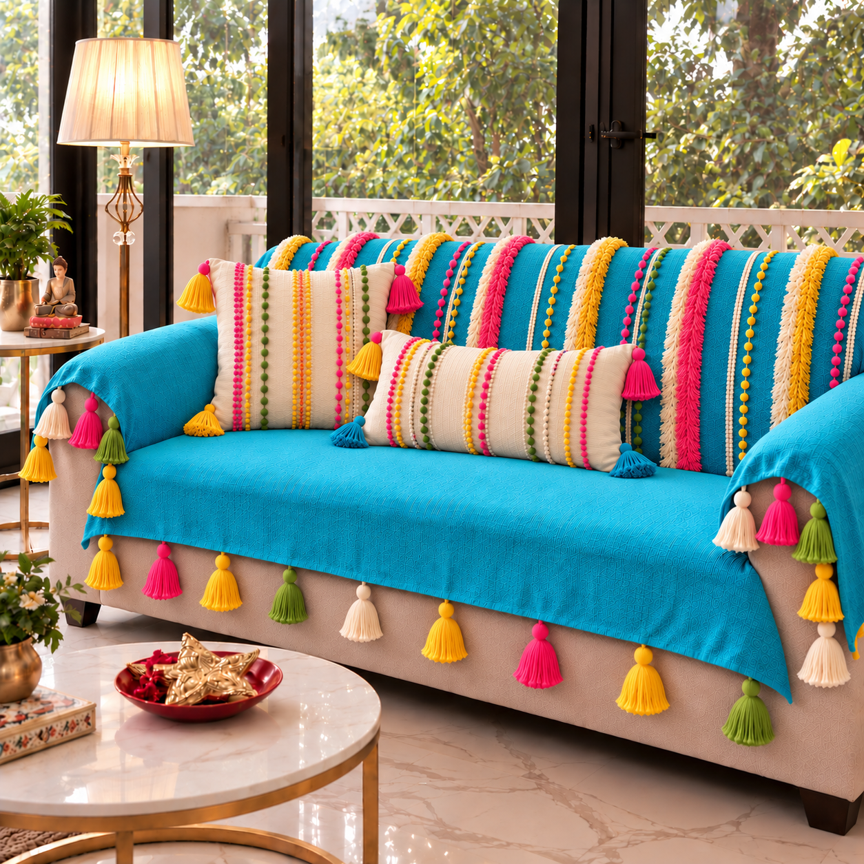 Sunlit Teal Boho 3 Seater Sofa Cover With Tassels|Diwali Living Room Decor