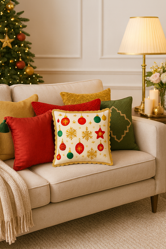 サムネイル： Christmas Ornament Gold Lace Glamorous Decor Square Cushion Cover 16x16 Inches