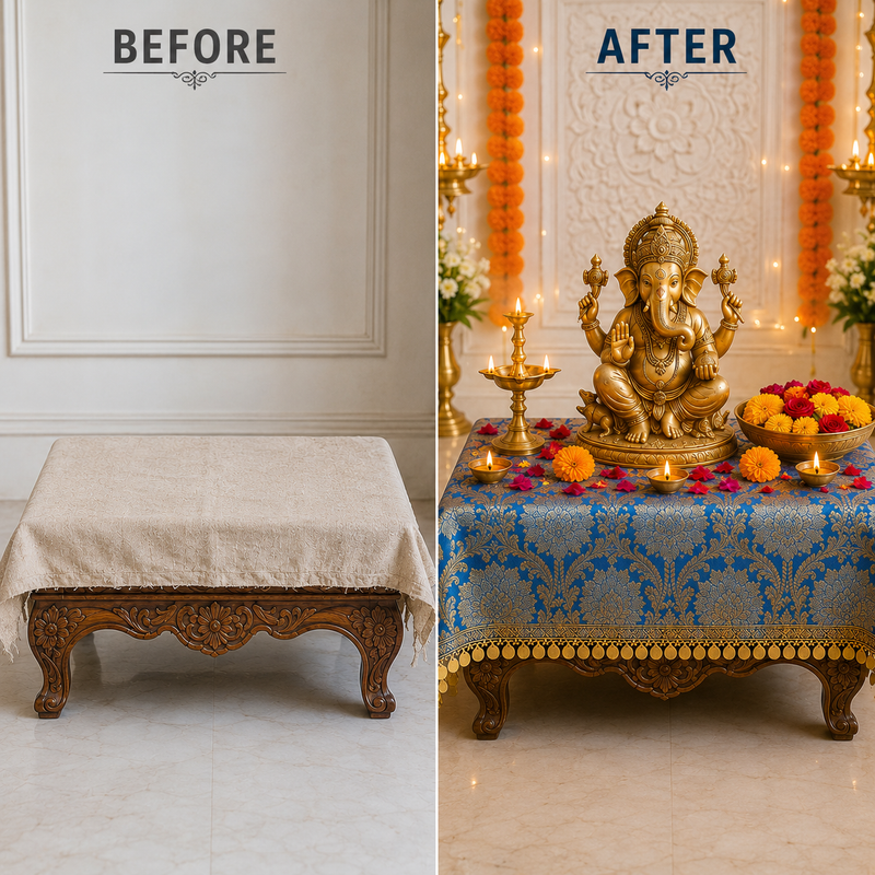 Thumbnail: Blue Brocade Silk Round Thali Cover , Gold Fringe