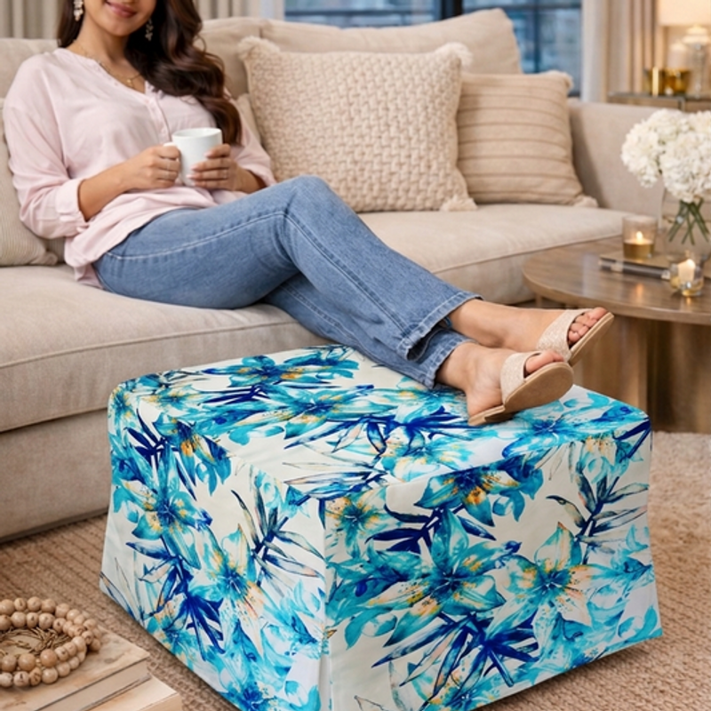 Blue Leaves Skirted Pouffe Cover Square Puffe Frill Cover-14"X14" Pouffe Seat