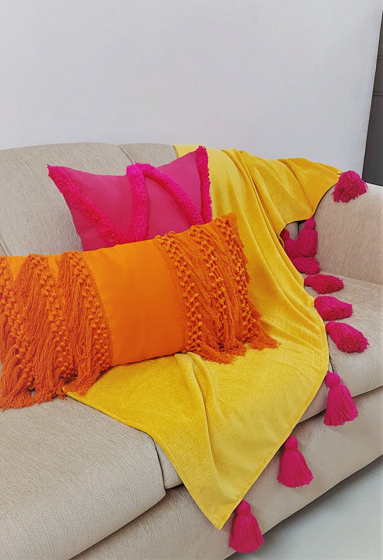 Miniatura: Orange Braided Boho Tassel Rectangular Cushion Cover with Filler 14x20 Inches