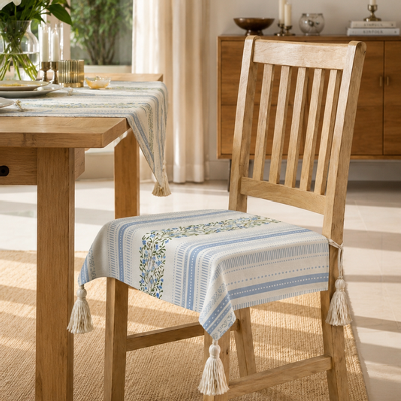 Thumbnail: Blue Blossam Tassel Dining Chair Seat Cover|20"x22" SEAT TOP| CHAIR COVER TASSEL