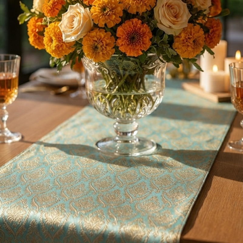 Miniatură: Ice Blue-Gold Table Runner Center Dining Table, Entry Console