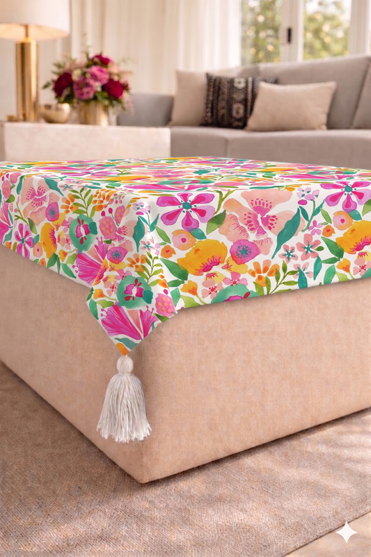 Floral Bloom Pouf Cover With Corner Tassels Square 14"X14" |24X24"Pouffe Cover